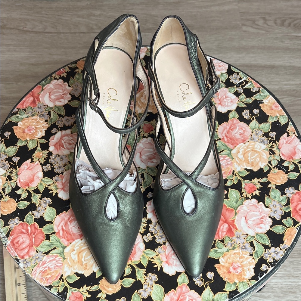 Cole Haan Collection Pointed Toe Strappy Pumps in Metallic Olive Green Leather